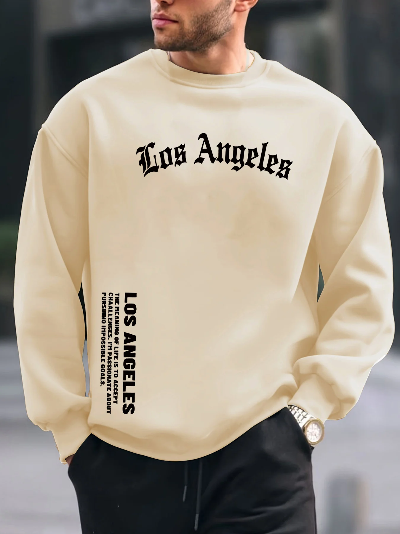 Men's autumn and winter fashionable casual loose Los Angeles letter graphic printed long sleeved round neck sweatshirt