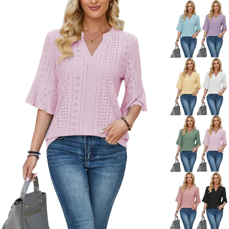 

New Women's Summer Blouse Solid Color Quarter Sleeved Loose Fitting T-shirt Hollow Breathable Solid Color Top Women's Clothing