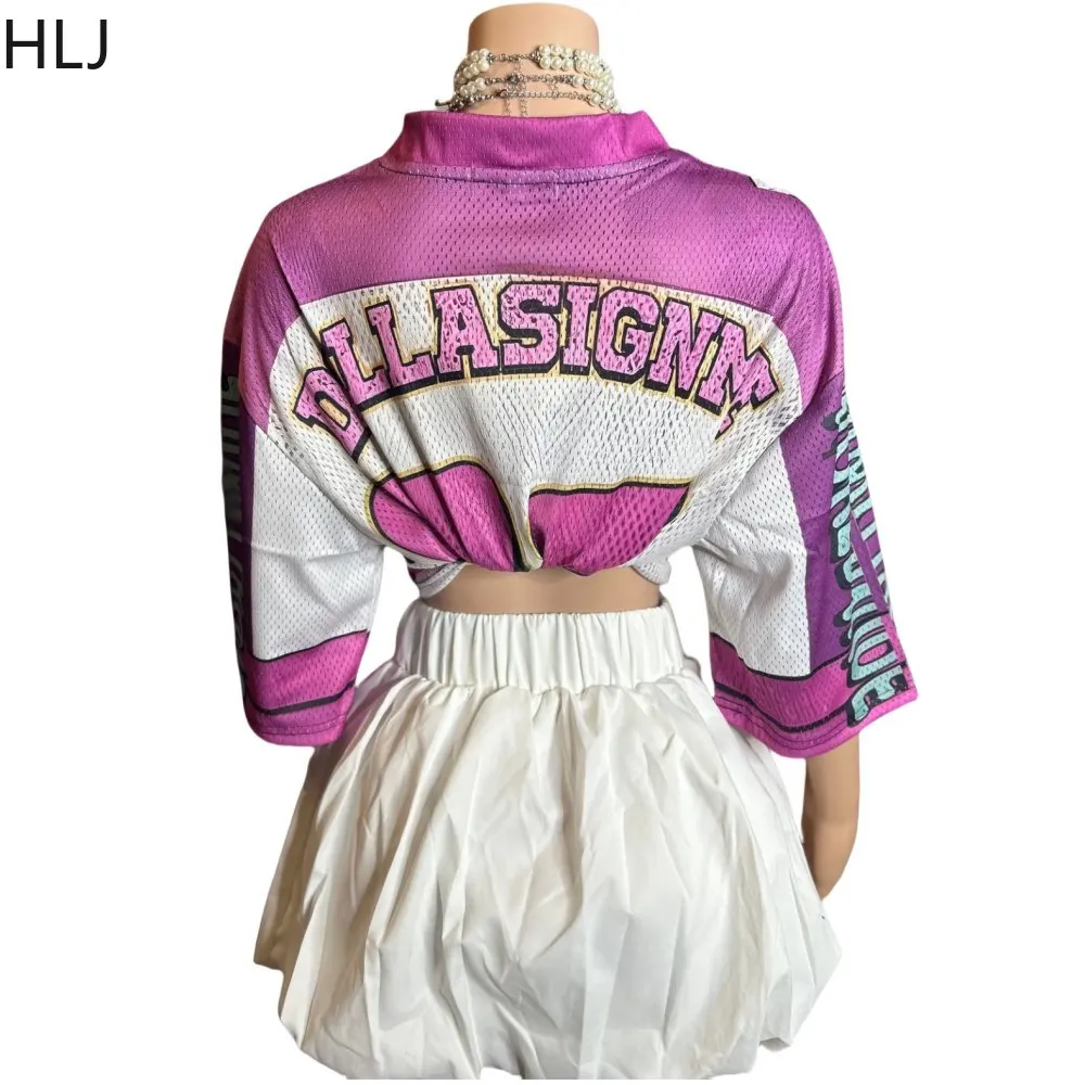 HLJ Purple Fashion Letter Basketaball Tshirt Two Piece Sets Women Outfits Autumn New V Neck Loose Top And Mini Skirts Streetwear