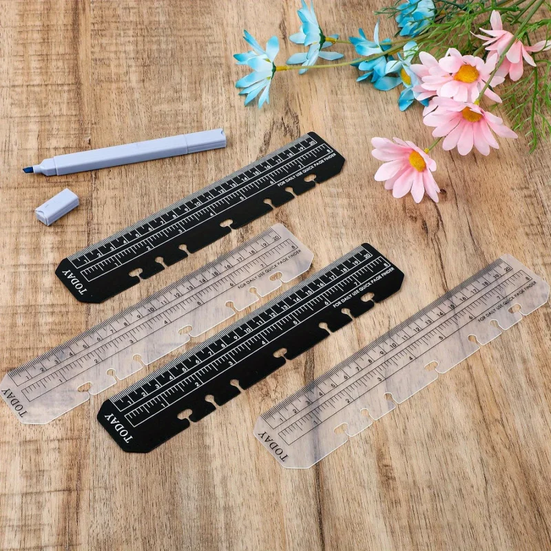 4 Set A5 Size Snap Binder Page Markers - Durable Plastic Bookmark Ruler, Black/Transparent Divider for 6-Hole Notebooks