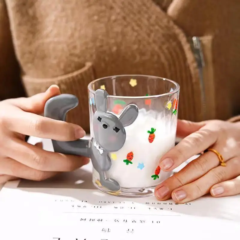 Rabbit Hand-painted Glass Cup High Appearance Value Household Juice Water Painted Drinking Glasses  Ice Coffee Cup Drinkware