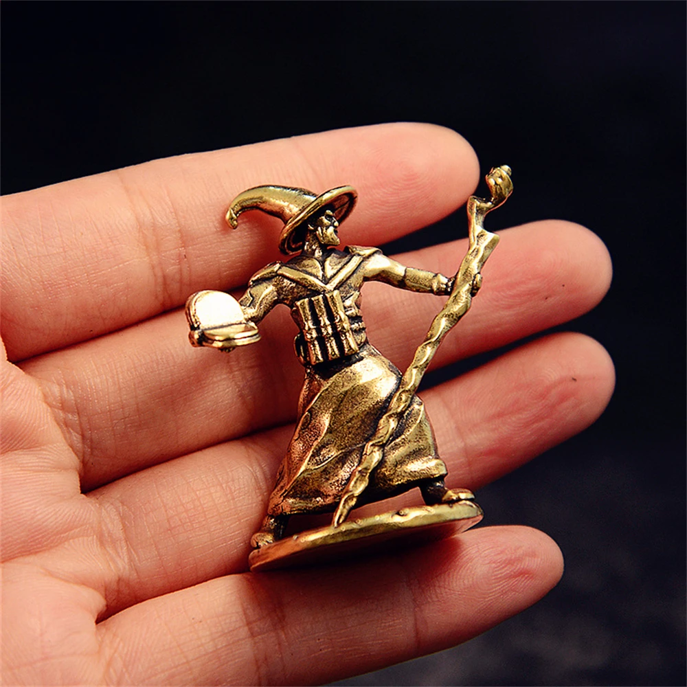 

​​Mystic Sorcerer Brass Statue - 4.3cm Hand-Patinated Figure with Twisted Staff Wax Cast Fantasy Decor Collector's Miniature