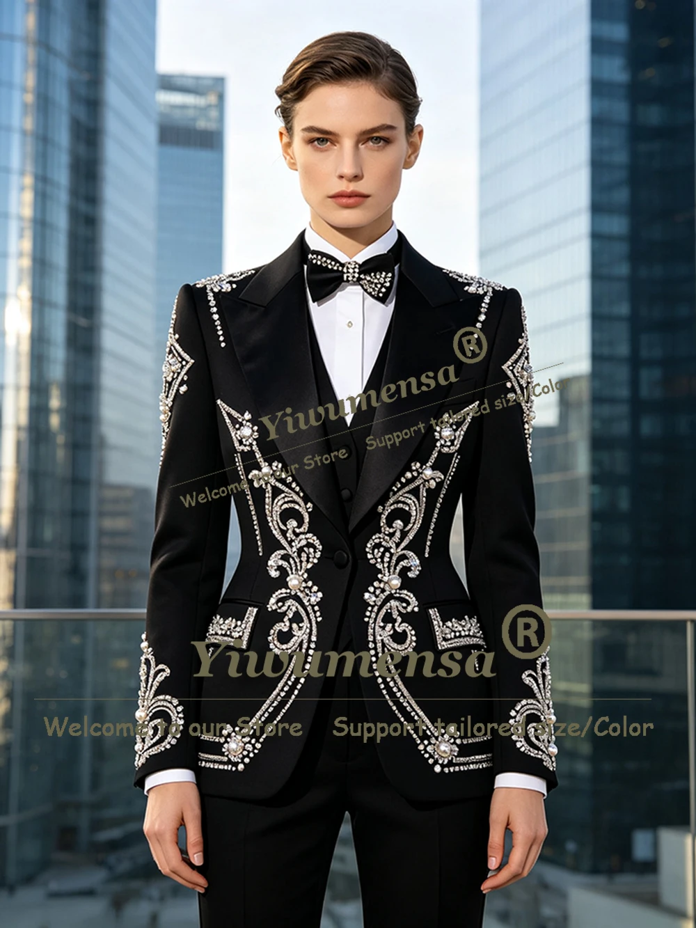 Luxury Diamond Beaded Suit Women 3 Pieces Sets Peak Lapel Prom Blazer Vest Pants Customized Lady Business Party Tuxedo Attire