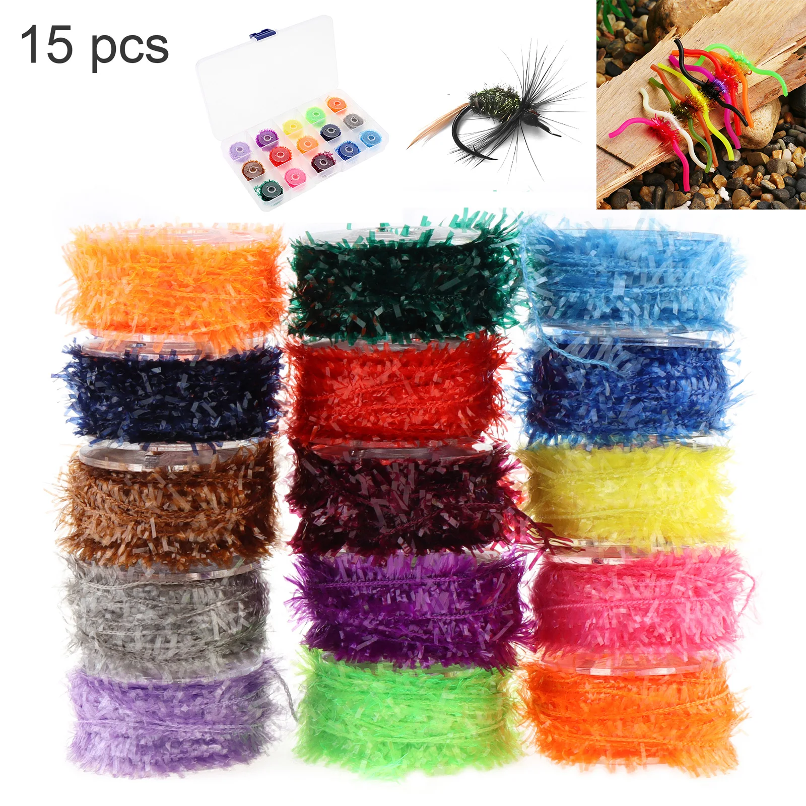 

15pcs Crystal Flash Tinsel Colorful Fly Tying Line for Streamer Nymph Flies Fishing Tackle Lure with Box Fly Tying Materials