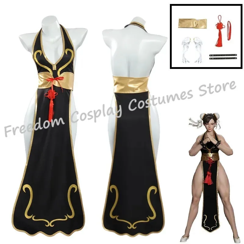 

qq28LQGames Chun Li Cosplay Costumes Sutorito Faita Black Cheongsam Dress Women Sexy Bodysuit Headwear Suit Halloween Party Clot