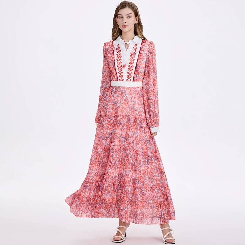 2025 New Arrives Chiffon Long Sleeve Floral Print Holiday Dress Boho Women Beach Party Pink Maxi Dress Elegant Vestidos Robe