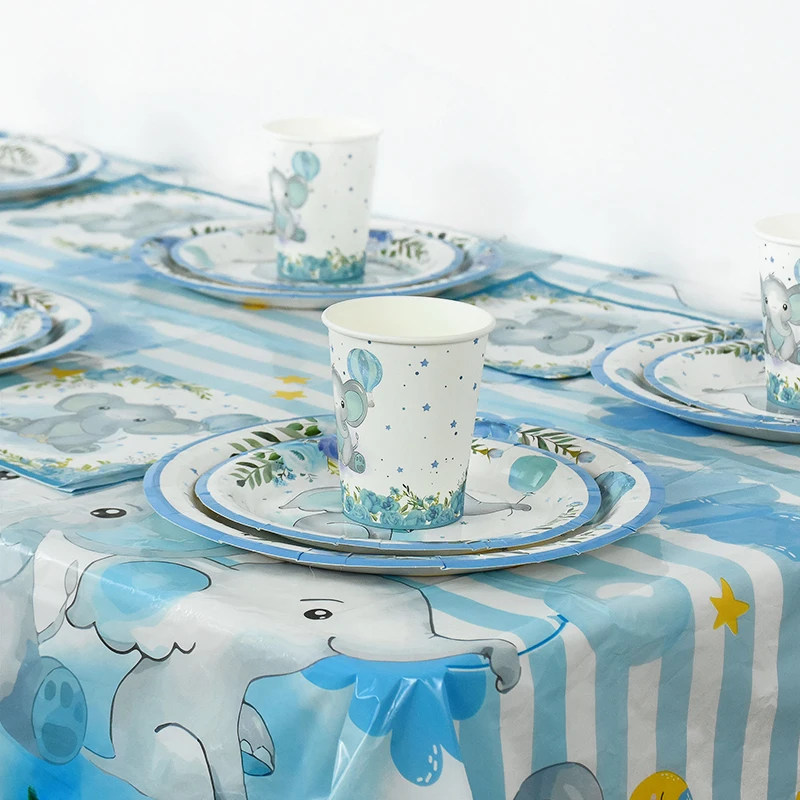 Cartoon Baby Elefant Einweg geschirr Set Papp teller Tasse Serviette Kinder Jungen Geburtstags feier Dekoration Baby party liefert – Detail 4
