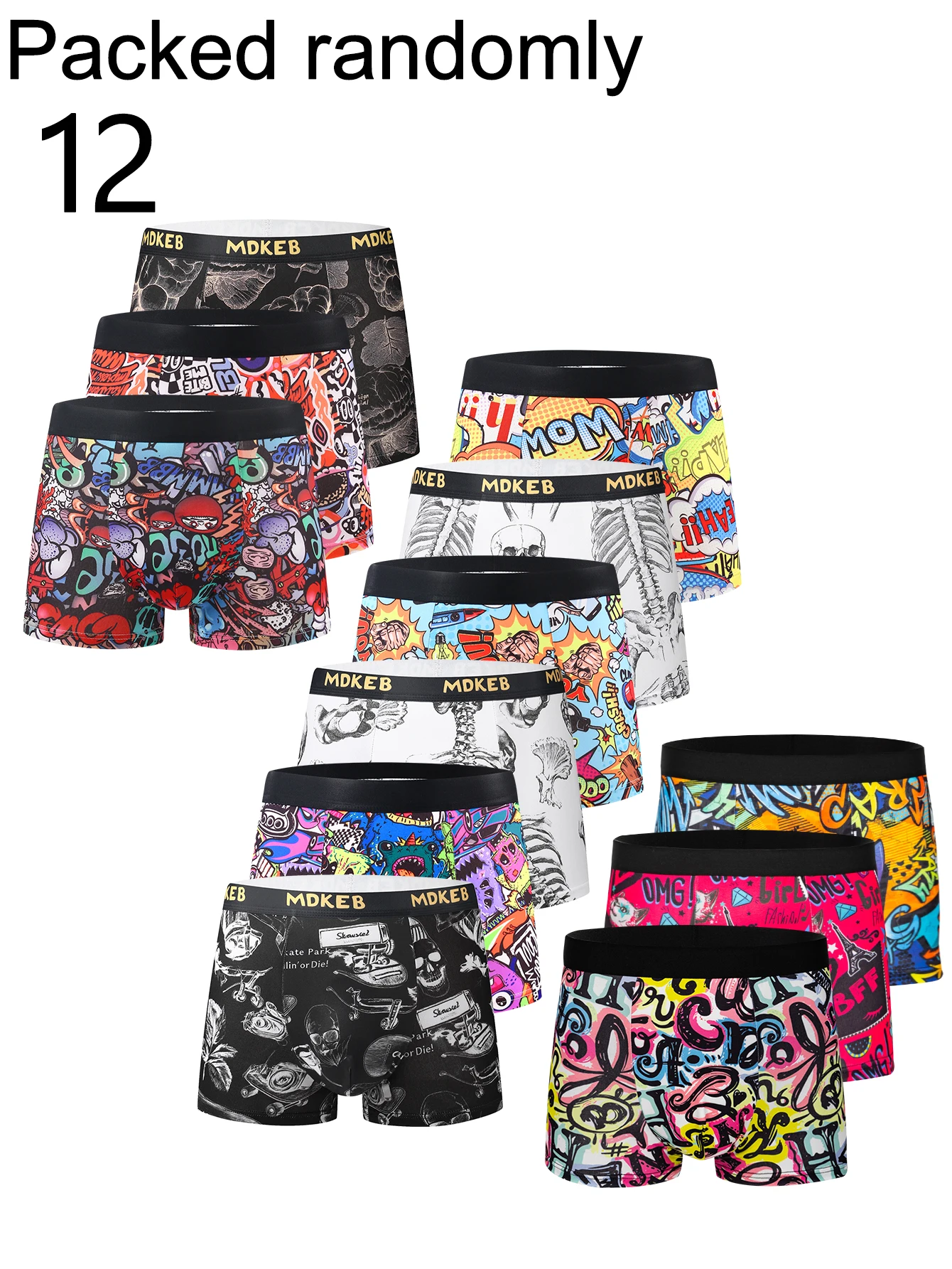 12-Pack Men's Personality Skull Graffiti Print Boxer Shorts Trendy Creative Anime Youth Boys Quadangle Briefs Fashion Casual Sty