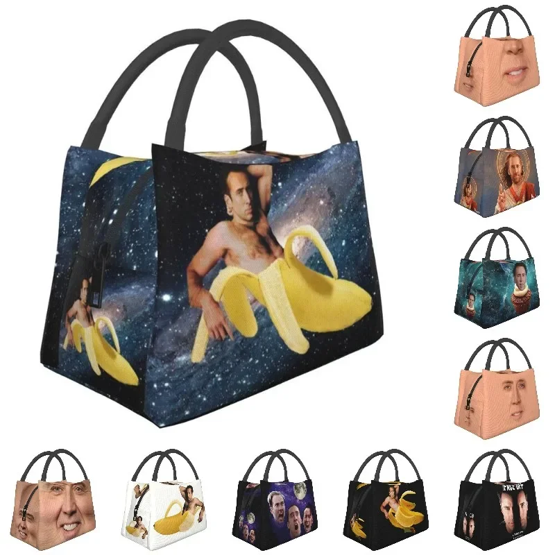 

Custom Nicolas Cage In A Banana Lunch Bag Women Cooler Warm Insulated Boxes for Picnic Camping Work Travel Shoulder