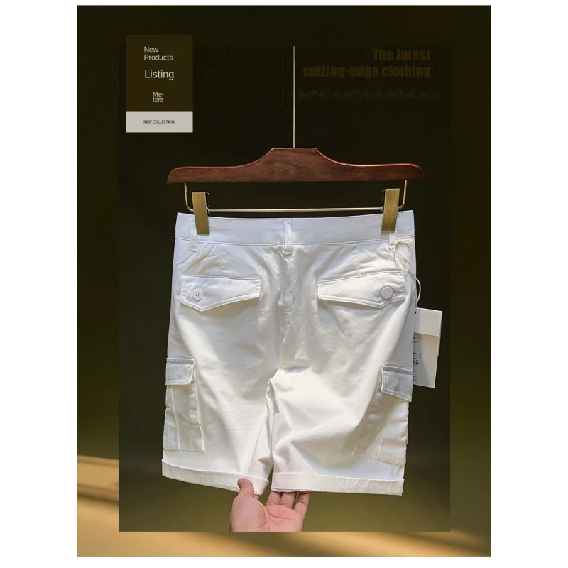 

White thin straight leg five quarter pants for men's summer casual outdoor beach men's clothing, loose and breathable shorts