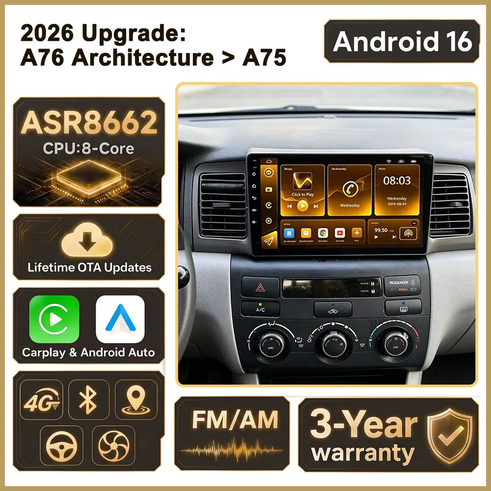 Cortex-A76 Octa-Core Android 16 Car Stereo For Toyota Corolla E130 E120 2000-2006 Car Radio GPS Dash Cam Multimedia Player Wifi