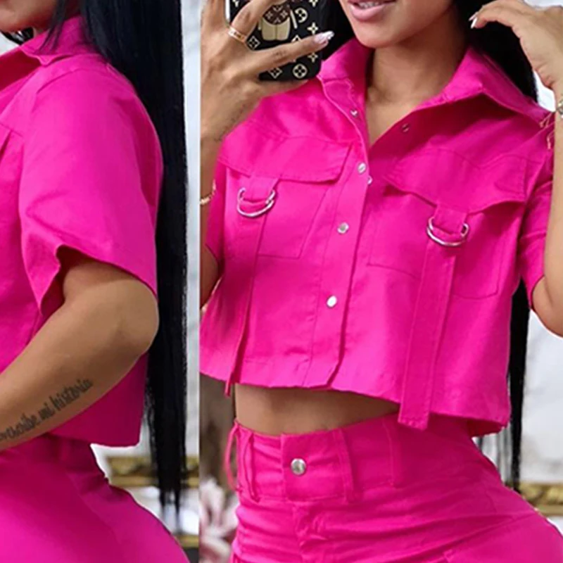 Girls Two-piece Sets Turn-down Collar Women Flap Detail Buttoned Crop Top Pocket Design Shorts Set Causal Female Top Solid Set