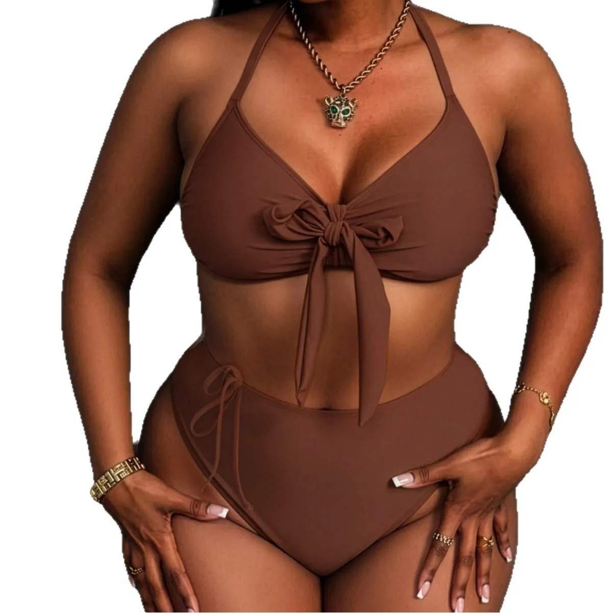 Woman Bikini Sleeveless Tie Front Top High Waist Bottom Beachwear Sets Swimwear Halter Neck Solid Brown Two Piece Swimsuit