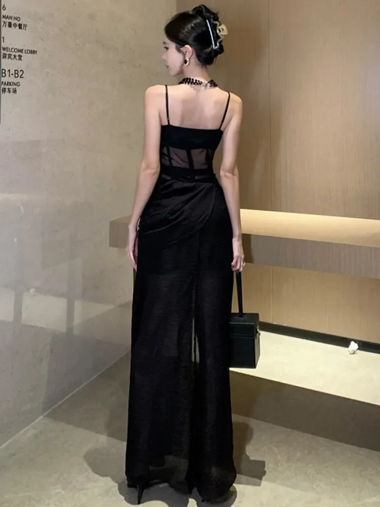 프랑스어 섹시한 블랙 분할 민소매 드레스 여름 새로운 패션 스파게티 스트랩 슬림 여성 저녁 파티 클럽 드레스