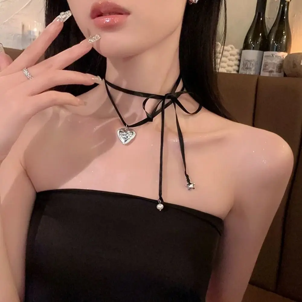 Korean Style Balletcore Style Ribbon Necklace Star Pearl Love Pendant Clavicle Chain Jewelry Accessories Charms Y2K Choker