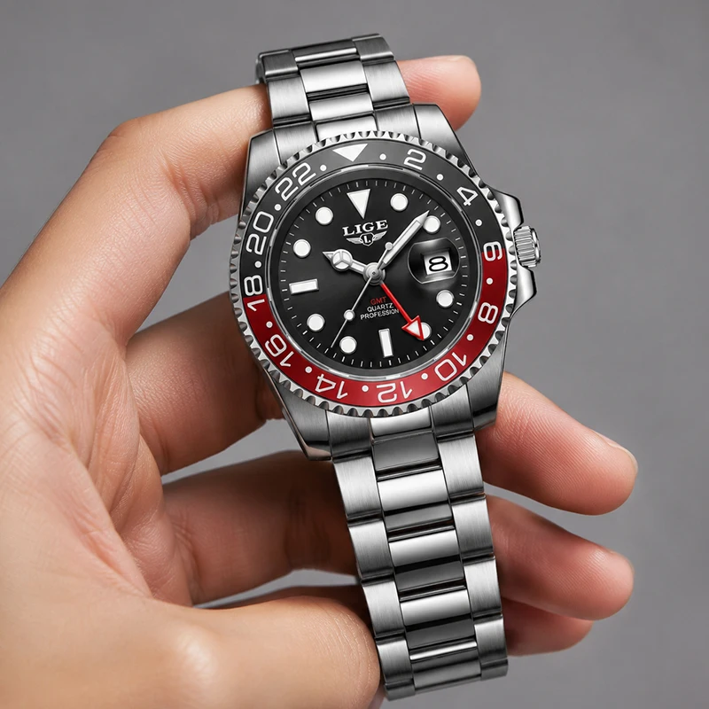 Image of LIGE Neue GMT Quarzuhren für Herren, Top-Marke, Luxus-Mode-Taucheruhr, Herren Casual Sport Wasserdichte Chronograph Uhr Montre Homme