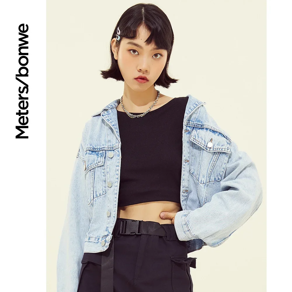 Metersbonwe Denim Jacket Women Basic Short Motorcycle Jean Jackets Ladies Coat Solid Color Lapel Coat Youth Trend Brand