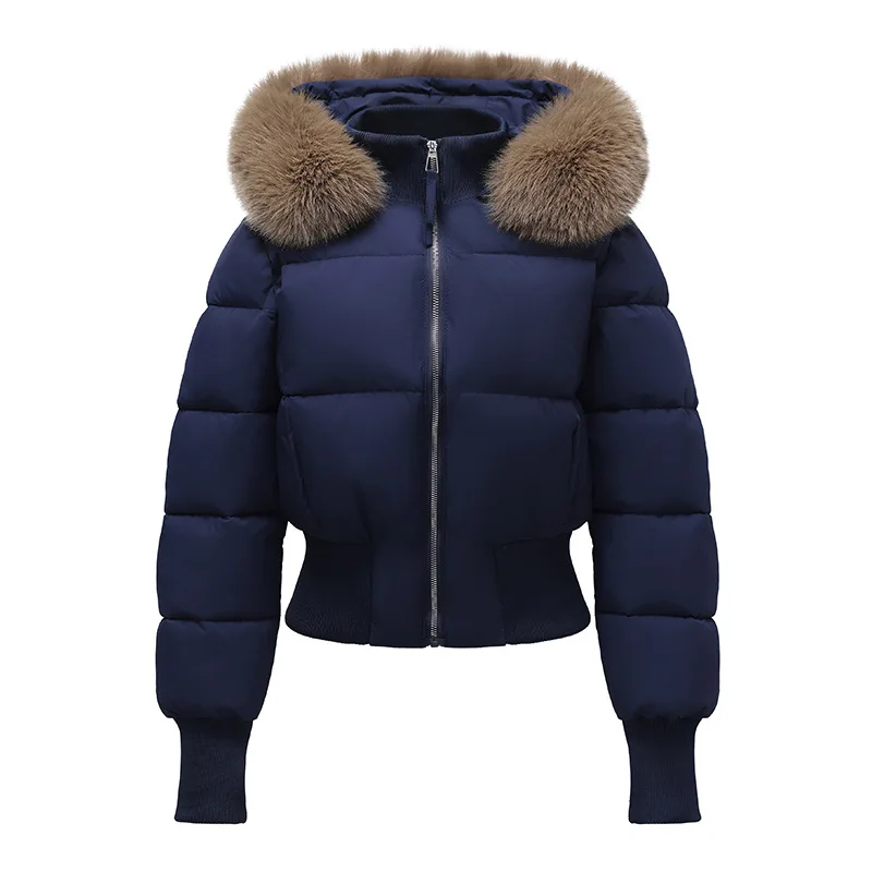 Women's Winter Warm Jacket Korean Thickened Big Fur Collar Hooded Outerwear Fashion Casual Detachable Short Cotton-Padded Coat