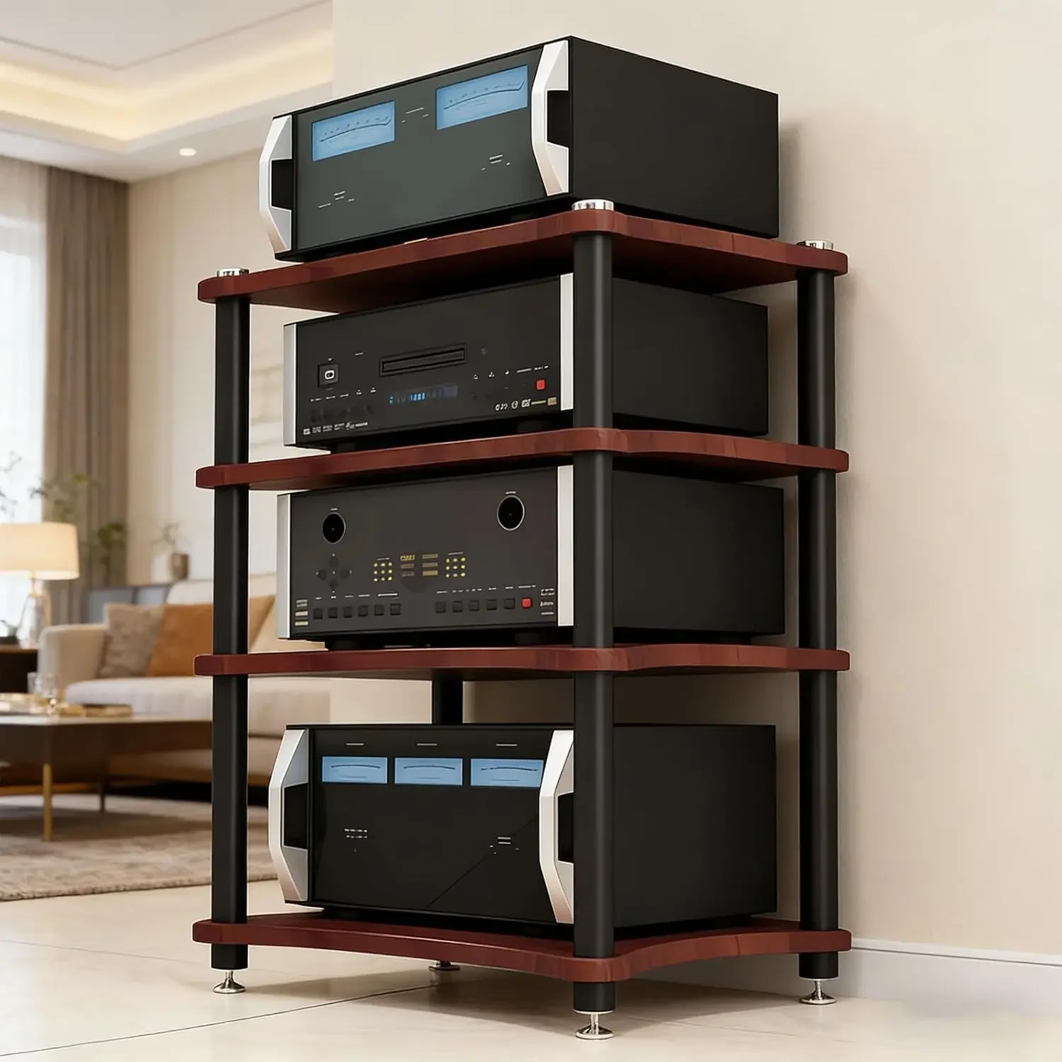 Teak Media Stand Heavy Duty AV Rack 352 Lb Load Anti Vibration Feet Cable Management Open Ventilation