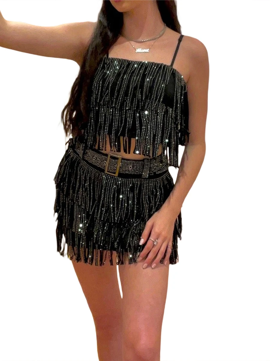 Women Tassel Skirt Suit Spaghetti Strap Crop Fringe Top and Mini Skirt 2 Piece Set Party Metallic Rhinestone Outfits