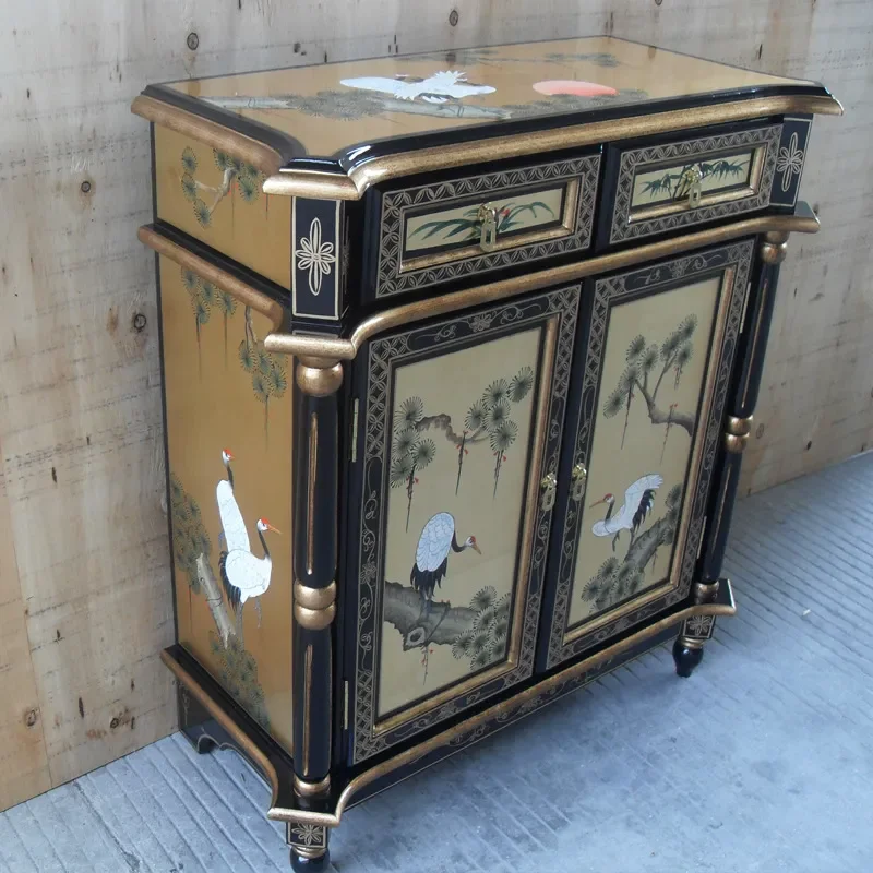 Hand Painted Pine Crane Entrance Cabinet Retro Living Room Decoration Storage Console Table Ming Qing Style Foyer Furniture