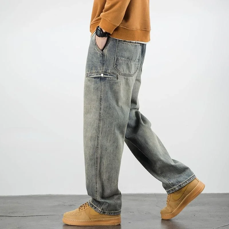 

Man Cowboy Pants Stretch Trousers Elastic Men's Jeans Vintage Straight Wide Leg Motorcycle Harajuku High Quality New in Baggy Xs