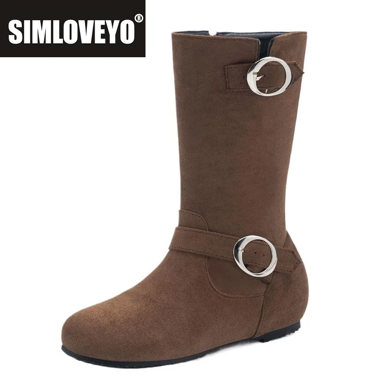 

SIMLOVEYO флоковые замшевые сапоги до середины икры с круглым носком, увеличенный каблук, украшение 4 см, 42, 43, повседневная обувь для отдыха