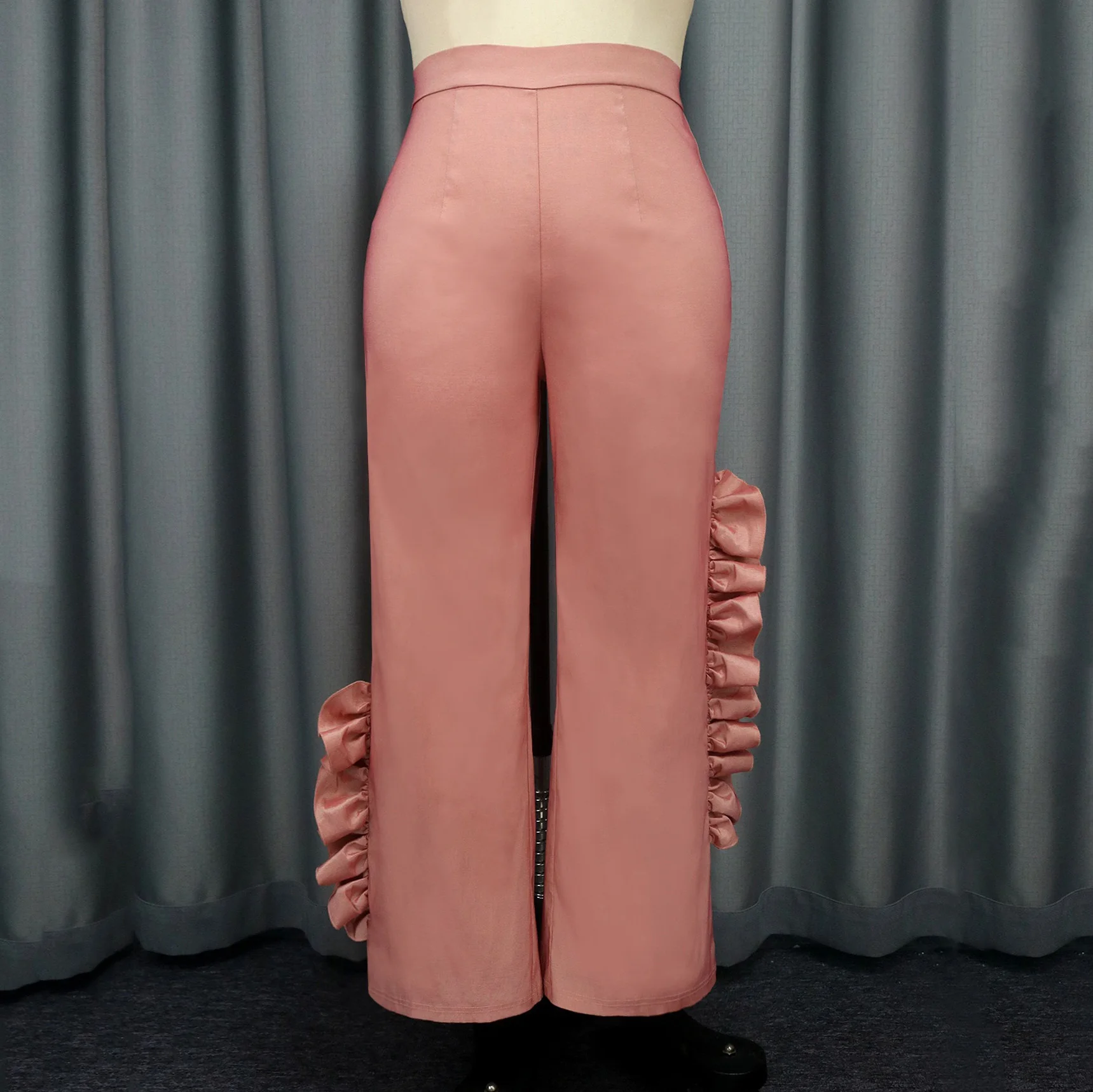 Elegant Long Trousers & Pants Pink for Women High Waisted Ruffles Solid Luxury Female Birthday Party Dinner Wear Clothes Pants