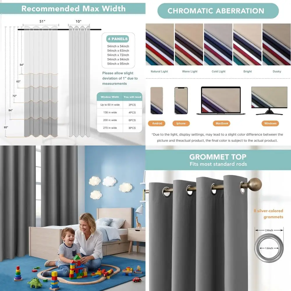 

100% Blackout Curtains 4 Panels - Thermal Insulated Full Light Blocking Window Drapes, Single Layer Grommet Curtain with Black L