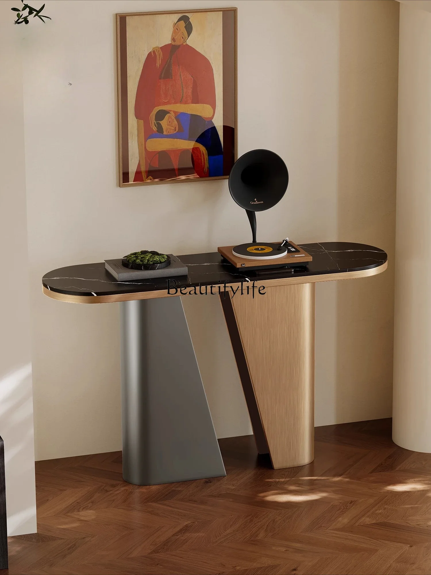 

ls 51 Natural stone porch bar table opposite the door Light luxury high-end creative stainless steel porch rack