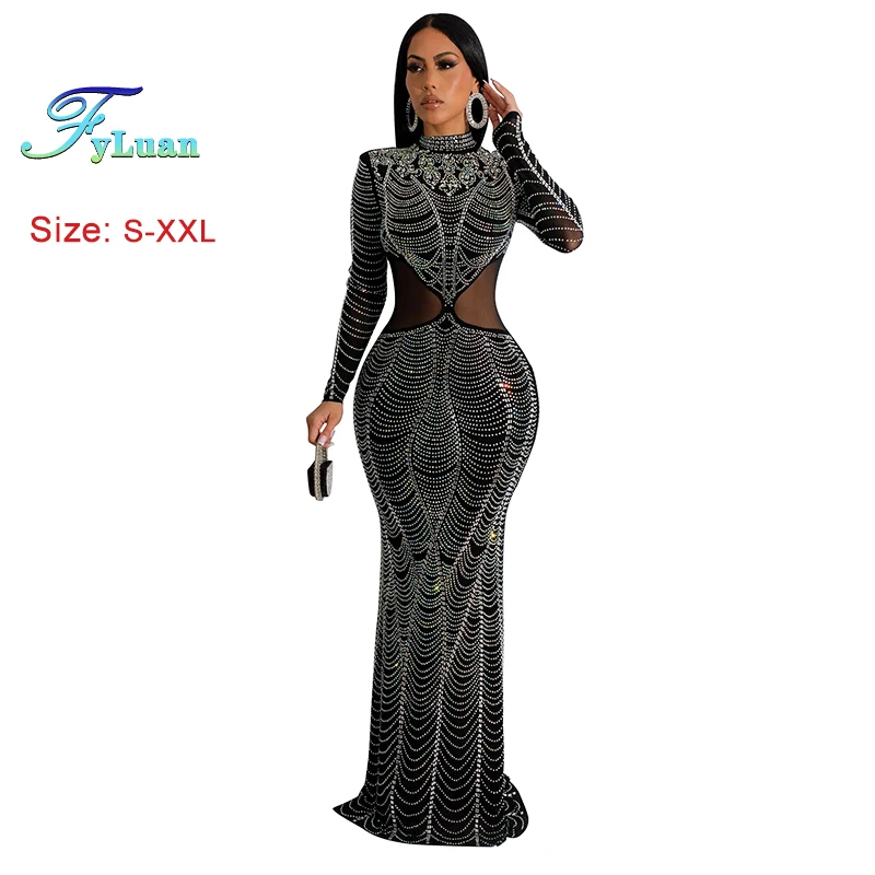 새로운 컷 아웃 허리 여성 Bodycon 맥시 드레스 라인 석 쉬어 메쉬 바닥 길이 섹시한 클럽 복장 2025 섹시한 스타일 핫 파티 드레스