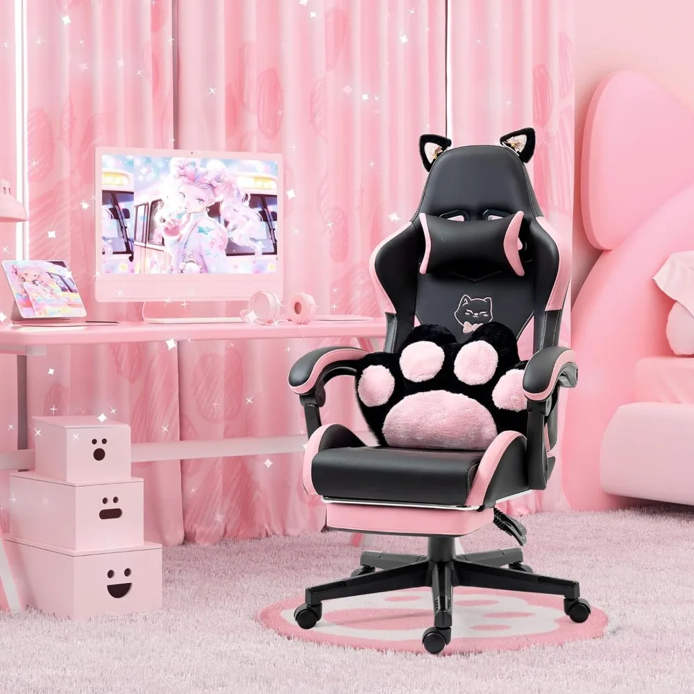 Cute Gaming Chair com Cat Paw Almofada lombar e orelhas de gato, cadeira ergonômica do computador com pés, reclinável PC Game