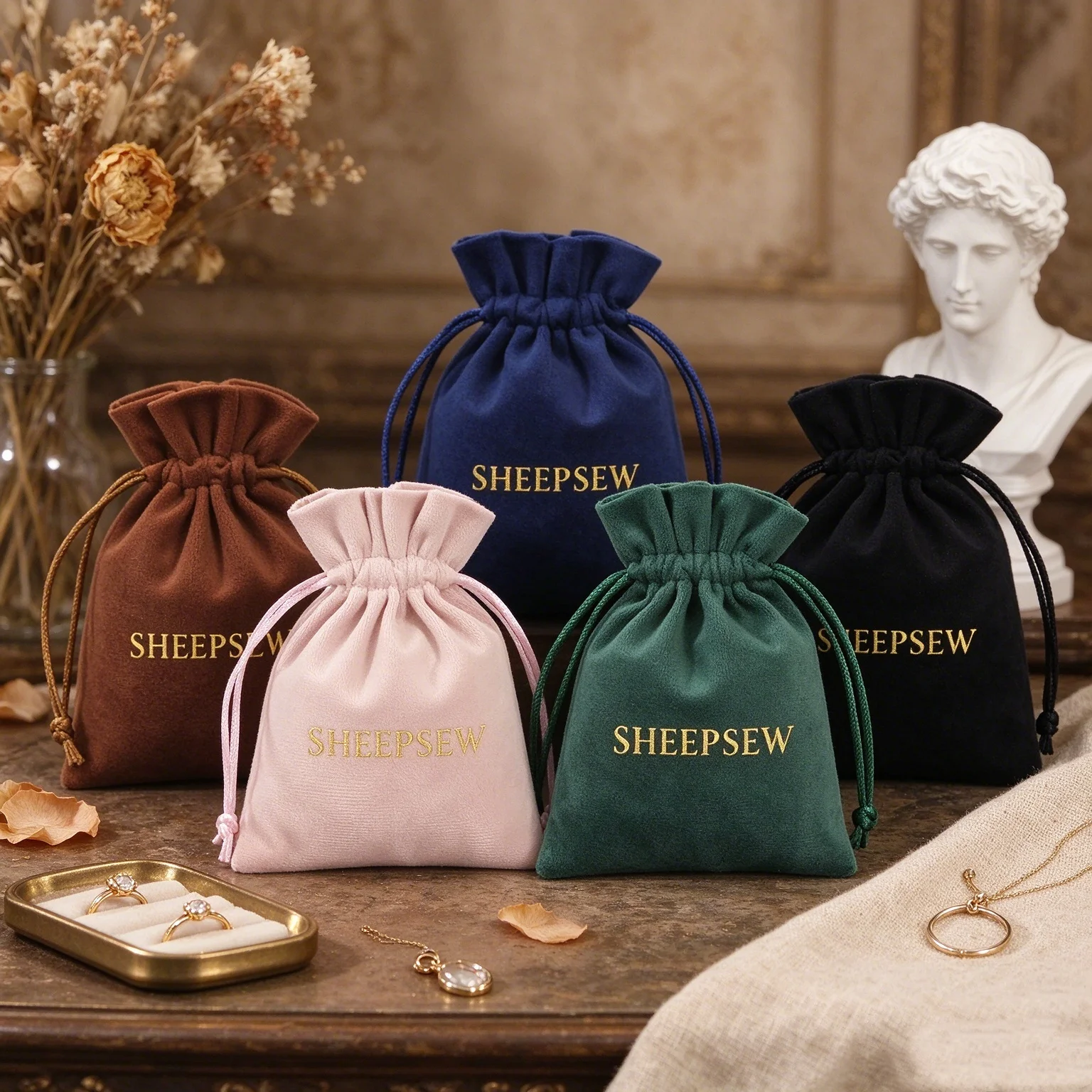 SHEEPSEW 100Pcs Custom Logo Velvet Drawstring Pouches Plush Jewelry Storage Bags Wedding Favor Gift Pouches Small Jewel