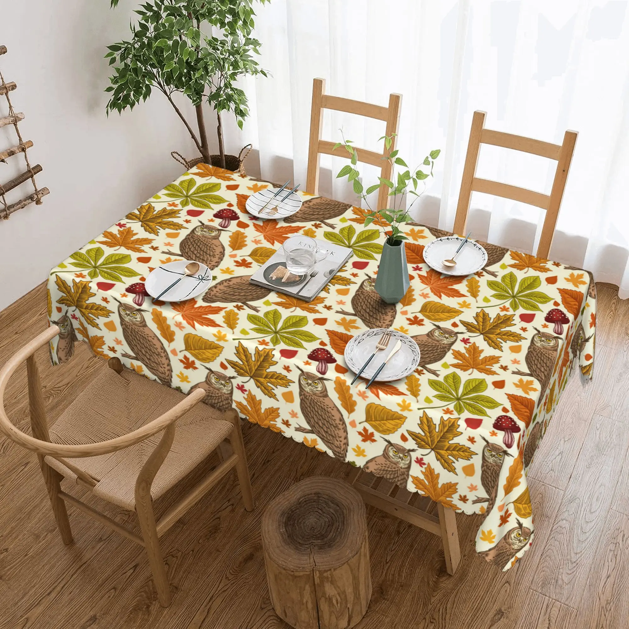 Nappe rectangulaire imperméable et résistante à l'huile, motif hibou feuilles d'automne, sans couture, 40 "-44" pour table