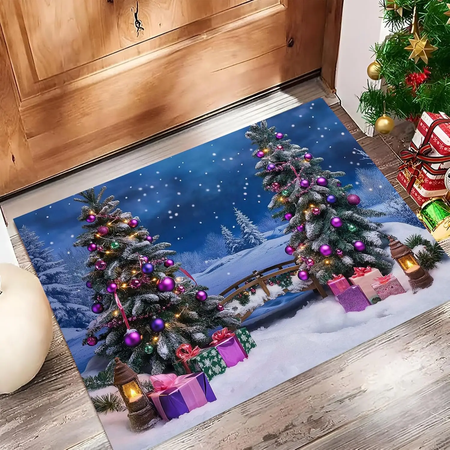 Blue Christmas Welcome Doormat, Christmas Tree Purple Christmas Ball Pattern Home Decor Low-Profile Switch Rug Door Mat Floor