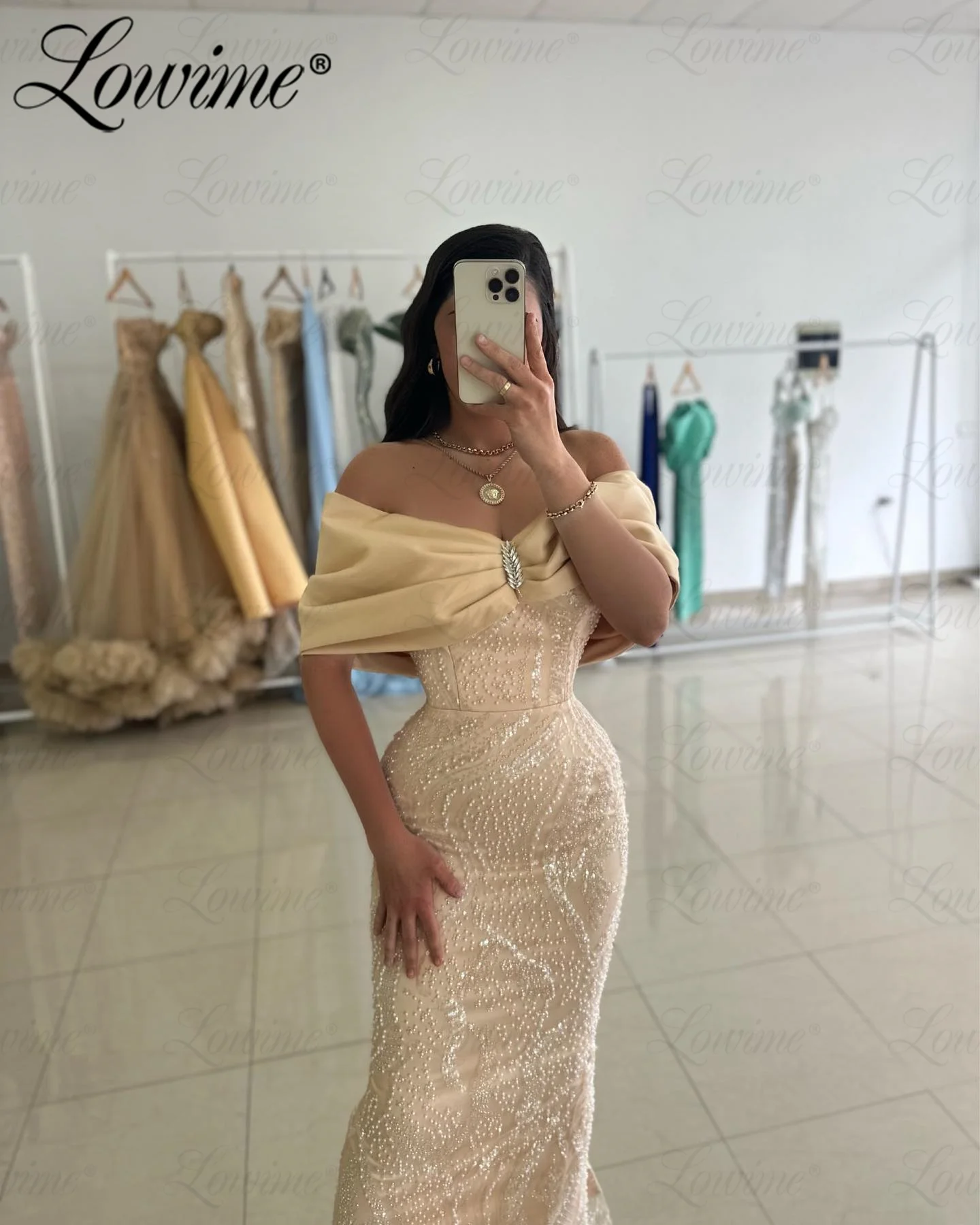 Champagne Off The Shoulder Party Dress For Women Arabic Ankle Length Formal Evening Gowns Birthday Beads Sequined Prom Dresses