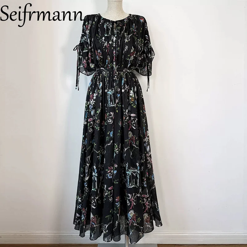 Seifrmann Stitched Drawstring Printed cotton Beach Dress Round Neck Short Sleeve Waist Long Dress 2026 Summer Women's New Style