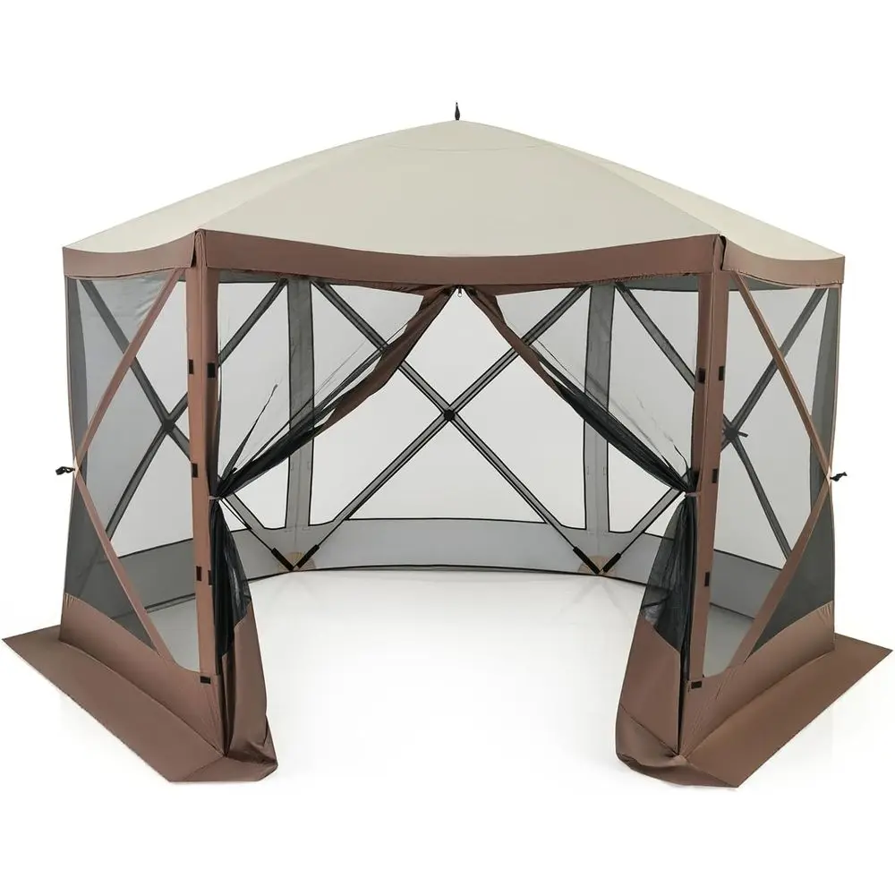 

Portable 6-Sided Mesh Gazebo with Netting, 2 Sunshades, Outdoor Shelter for Camping, Lawn, Backyard