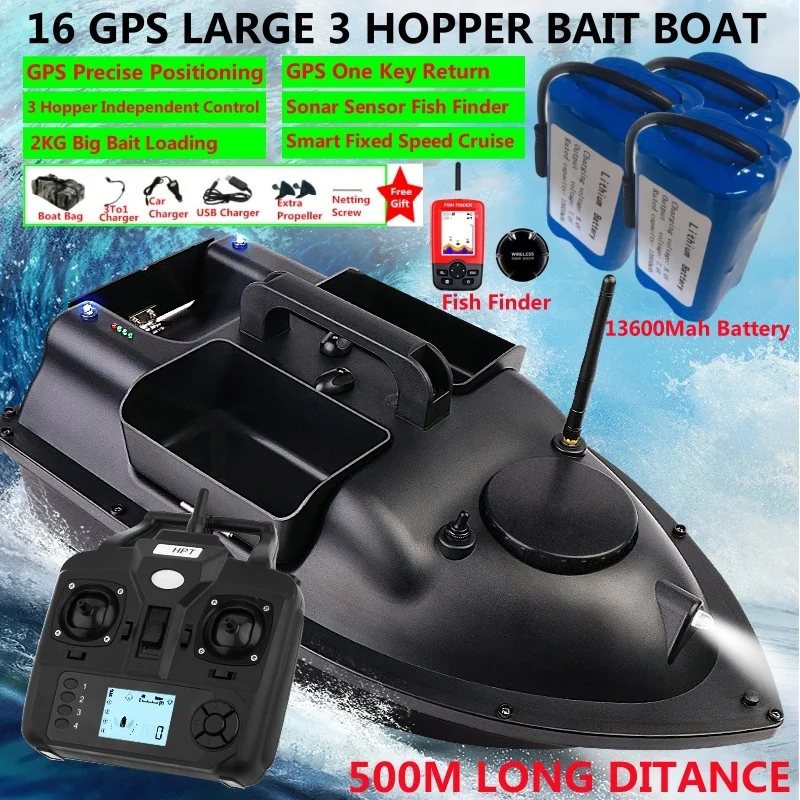 

16 GPS Point Intelligent Return 3 Hopper RC Fishing Boat Bait 500M 6H LCD Screen Fish Finder Remote Control GPS RC Bait Boat