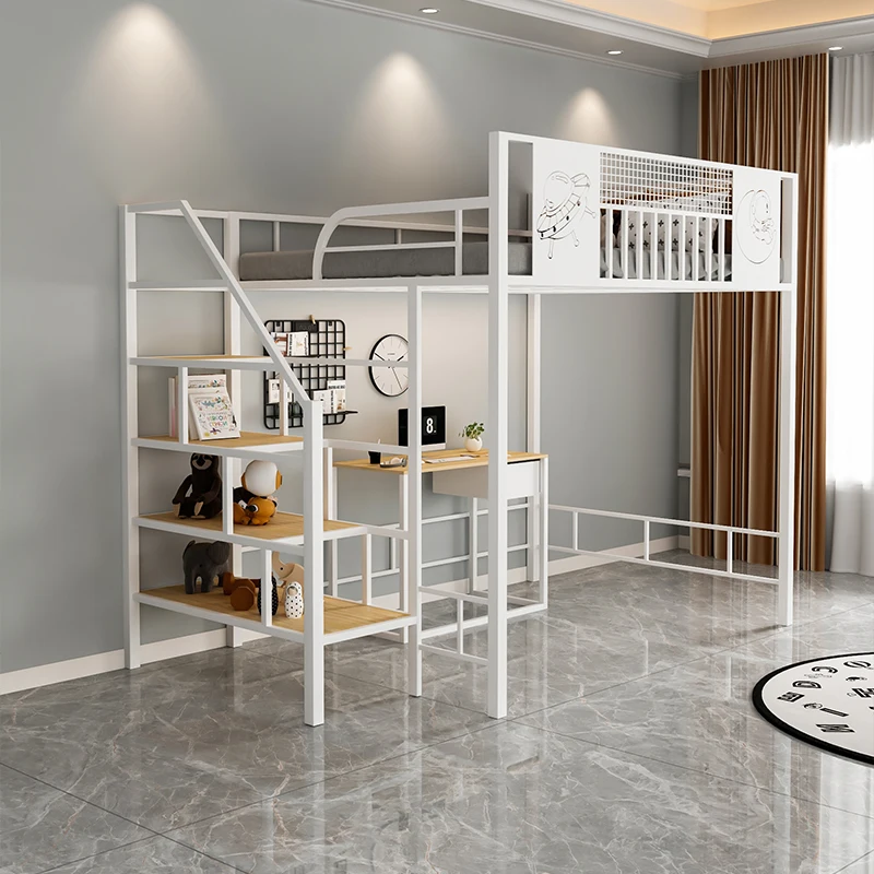 ！@Modern Creative Iron Loft Bed Multifunctional Space-Saving Double/Queen Size Frame with Bed Table for Hotels Small Apartments