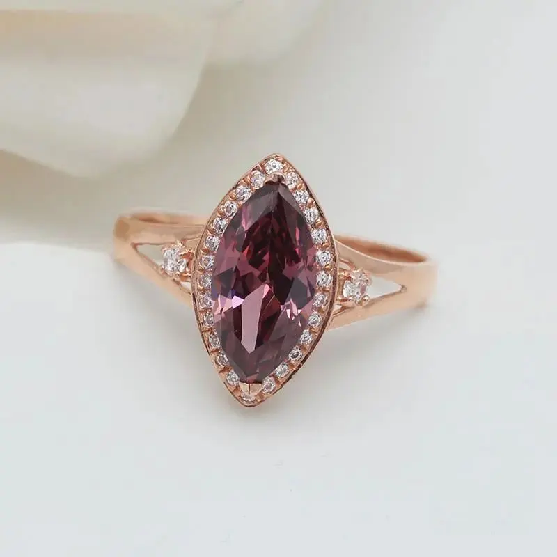 2022 new 585 purple gold 14K rose gold crystal card dark ruby marquise rings for women luxury jewelry wedding gift