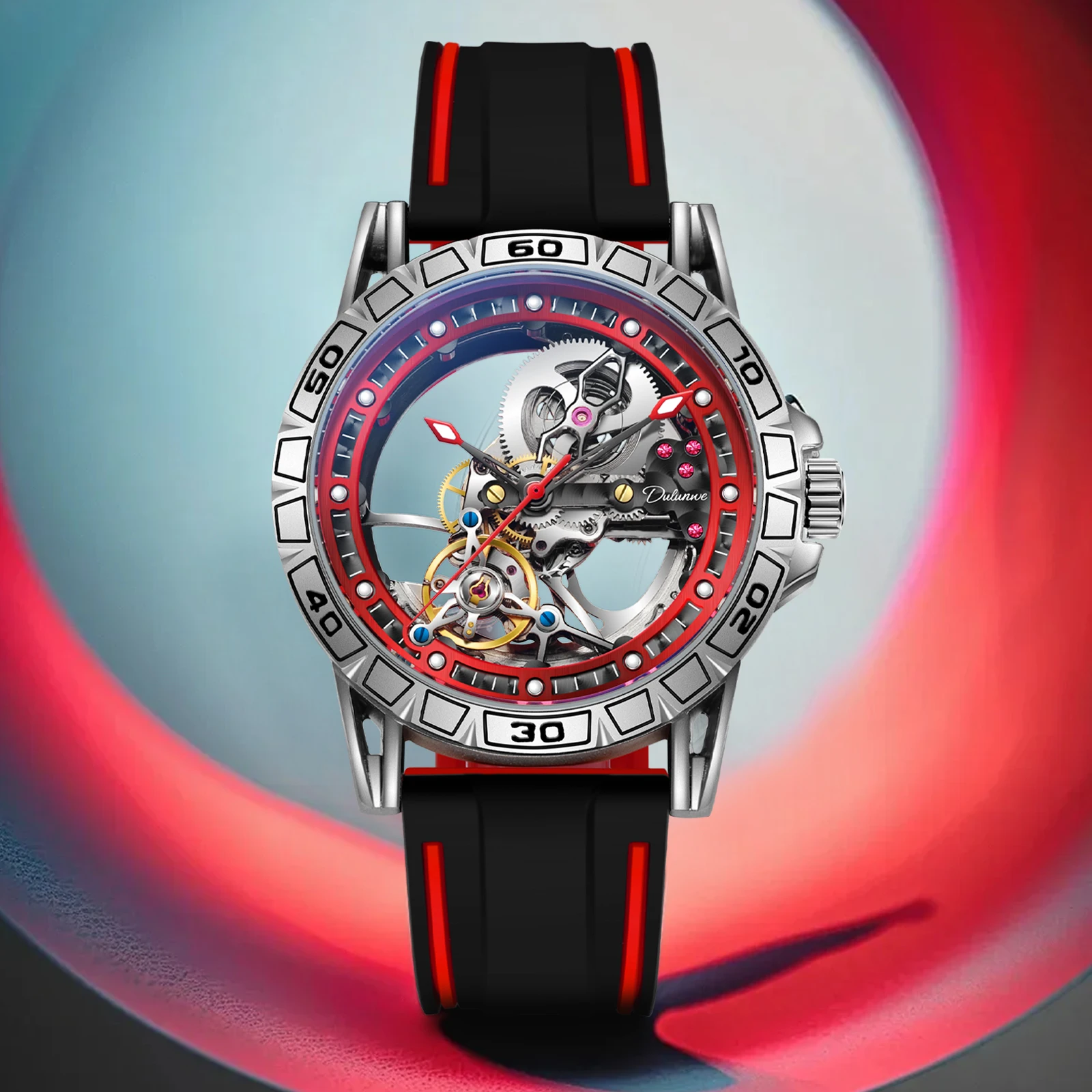 Dulunwe Men's Mechanical Watch 46MM Window Hollow Dial Automatic Winding Fashion Red Sports 30M Waterproof Automatic Watch