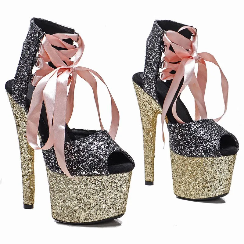 

Glitter Women Sexy 17cm/7inch High Heels Waterproof Platform Sandals Peep Toe Pole Dance Dress Sandals 060