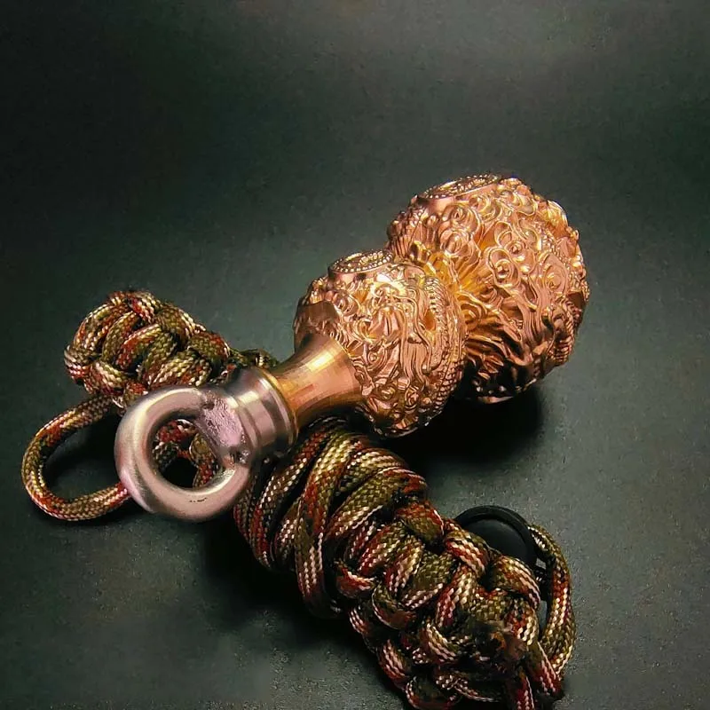 Outdoor Portable EDC Brass Carved Dragon Patterned Gourd Pendant Keychain Tool
