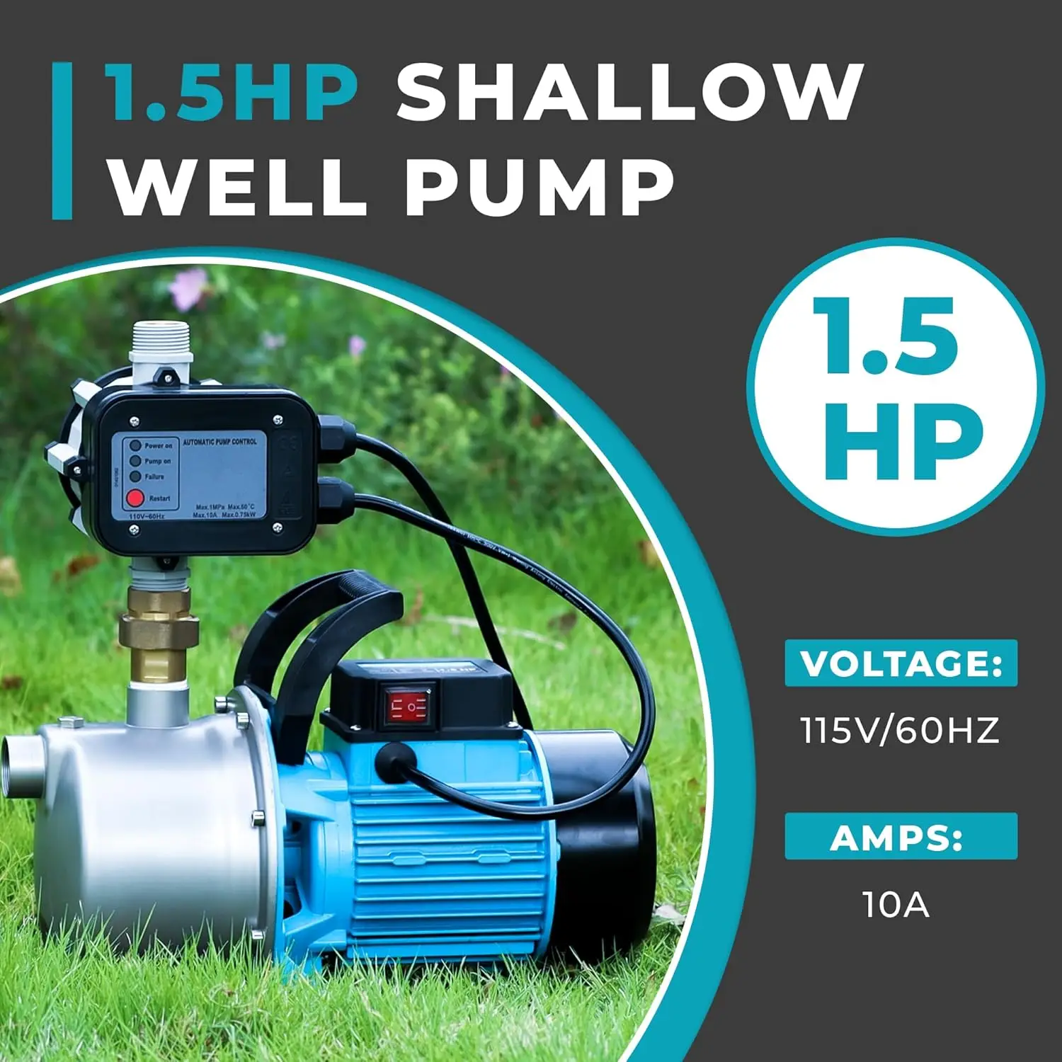 1.5HP Water Pressure Booster Pump for Home with Smart Controller Automatic, 1200 GPH Self-Priming Shallow Well Jet Pump 110V