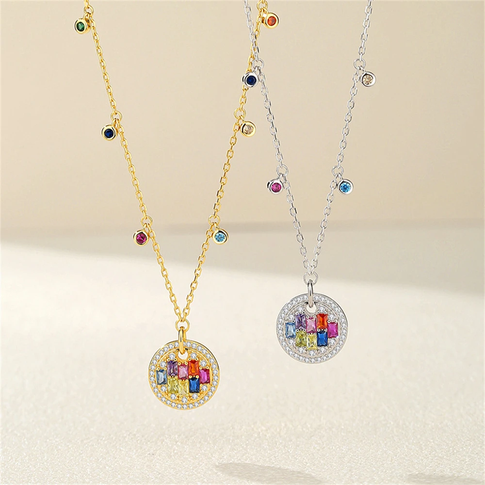 

S925 Sterling Silver Dopamine Rainbow Necklace Women's Light Luxury Colorful Diamond-Inlaid Zircon Pendant Birthday Gift