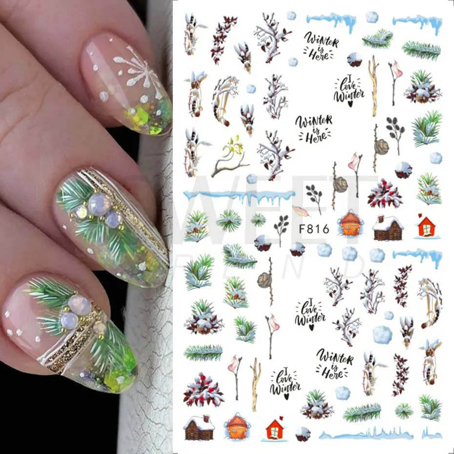 Blue Christmas Nail Art Stickers 3D Fir Elk Mountain Snowflake Holly Animal Winter Xmas Design Manicure Slider Decoration BEF812