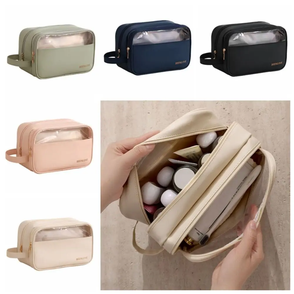 

Ins Style Women Makeup Organizer Waterproof with Handle Travel Cosmetic Pouch Portable Double zipper Handheld Bag Travel Use