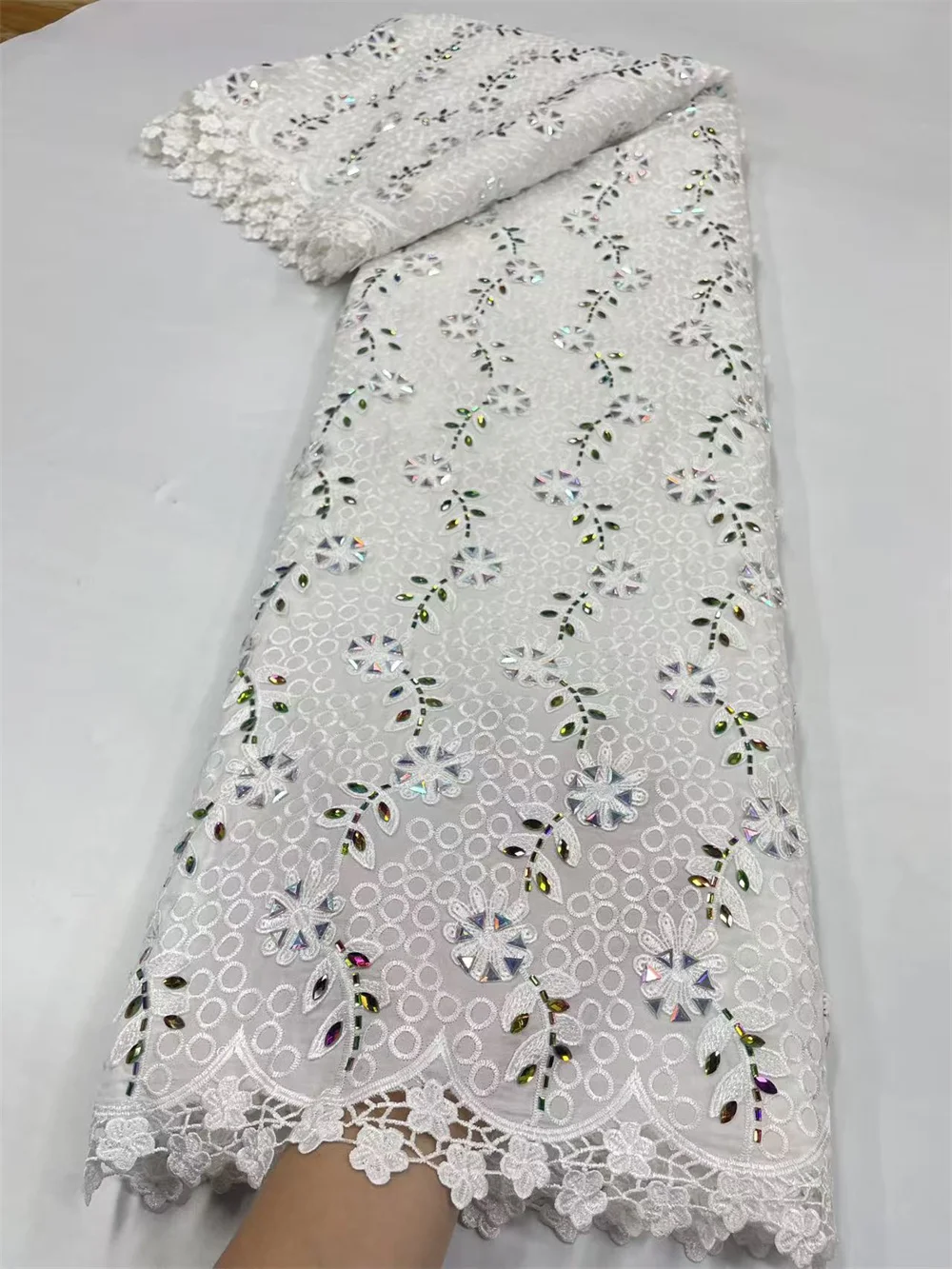 African Lace Fabric 5 Yards Luxury Embroidery White Lace Fabric 2025 High Quality Luxury Chiffon Laces Fabric For Women  Hm86-1