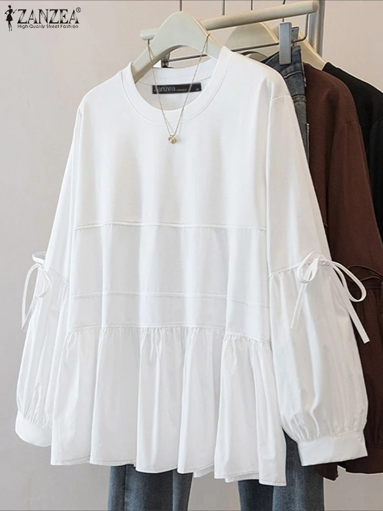 

2025 ZANZEA, осенние элегантные топы с длинными рукавами, женская блузка, тренд 2025 года, повседневная однотонная свободная рубашка, женская сорочка на шнуровке, Blusas, туника